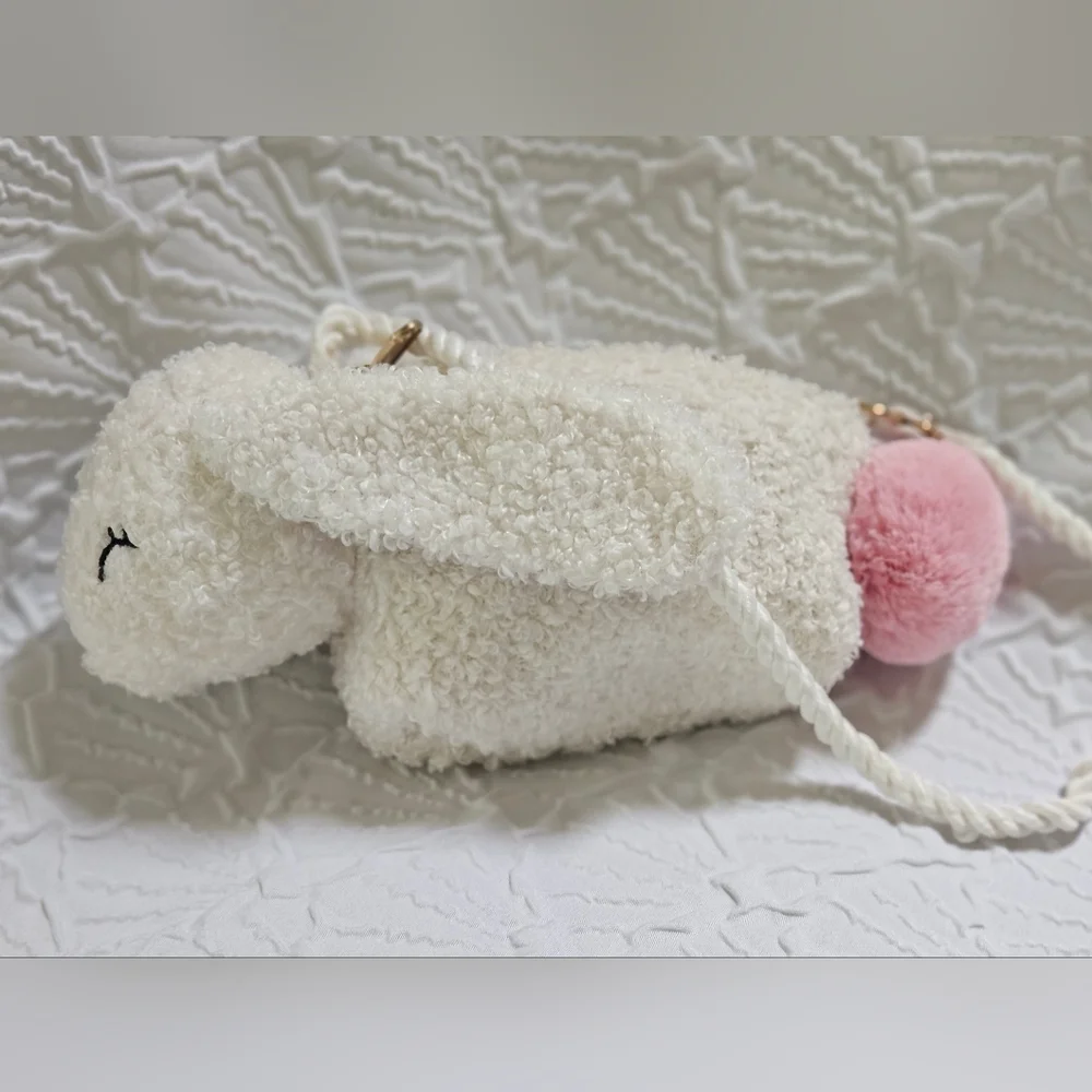 H&M Kids Fluffy Sherpa Bunny Crossbody Purse Floral Lining- Novelty Bag